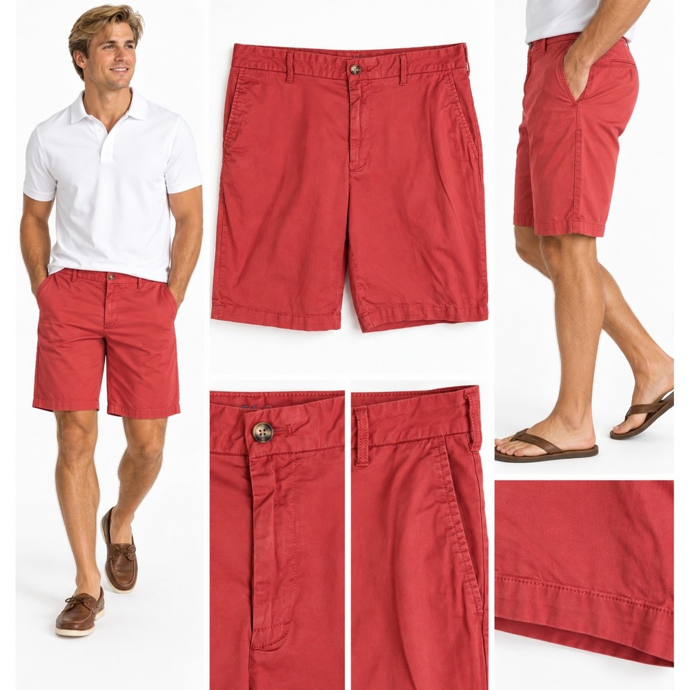 IZOD 32 Saltwater Red Stretch Chino Shorts Flat Front Preppy Coastal 9.5 In